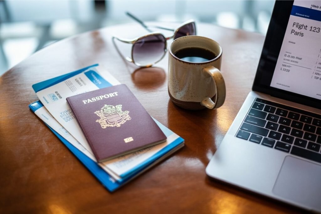 passport, tickets, coffee, laptop