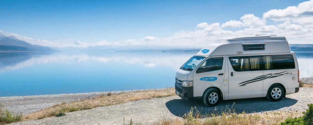 Campervan parked by lake